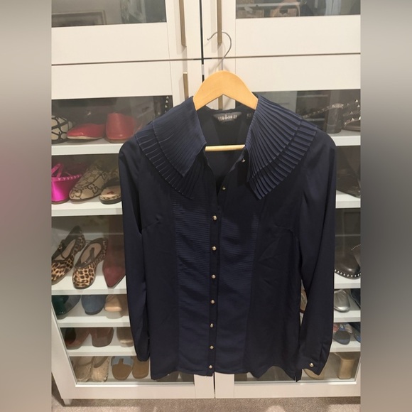 Mina UK Tops - Mina UK Navy Pleated Collar Blouse